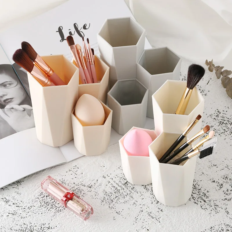 3 Lattices Makeup Brush Storage Box Desktop Organizer Dressing Table Bathroom Storage Eyebrow Pencil Beauty Egg Organizer Holder