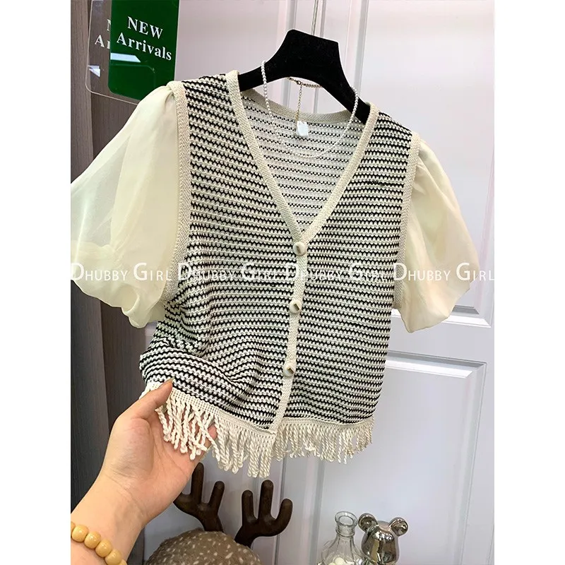 Elegant Houndstooth V Neck Cropped Shirts Women Korean Fashion Short Sleeve Button Blouse Female Casual Loose Cardigan Top