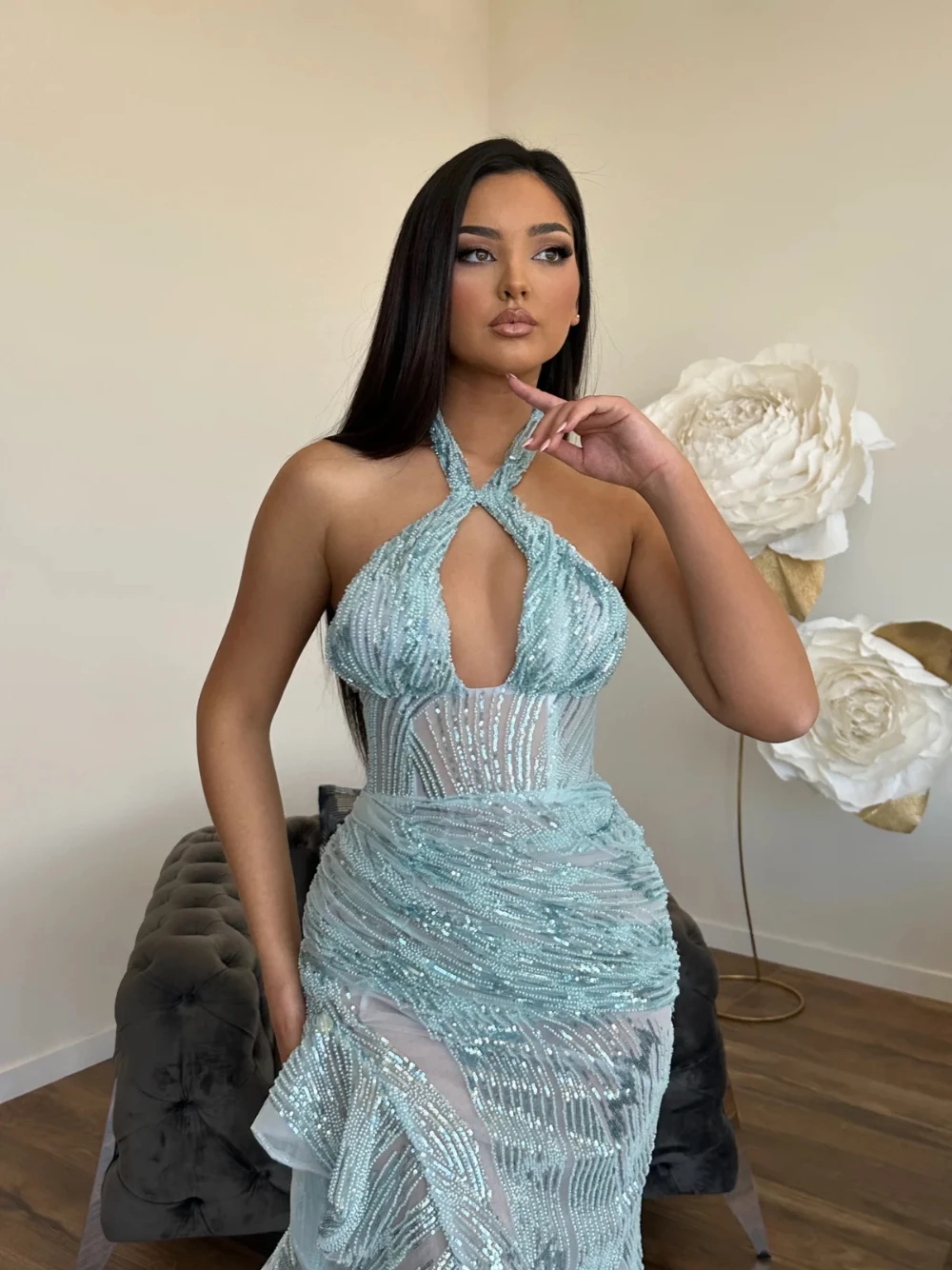 فستان سهرة لامع مكشكش باللون الأزرق الجليدي مثير مع رسن مستقيم لحفلات التاريخ للنساء مخصص رومانسي الوهم مشد فستان كوكتيل