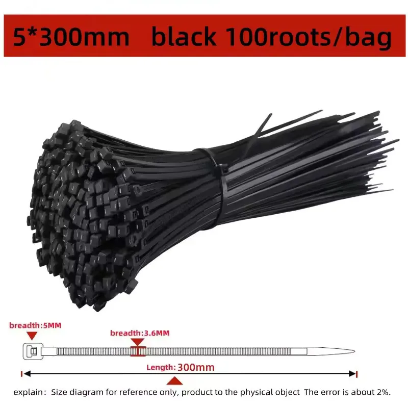 100 STUKS Zelfsluitende Plastic Nylon Tie Zwarte Bevestigingsband Kabelbinder-Set Kabel Zip Tie Bevestigingsring Zip Wraps Strap Tie