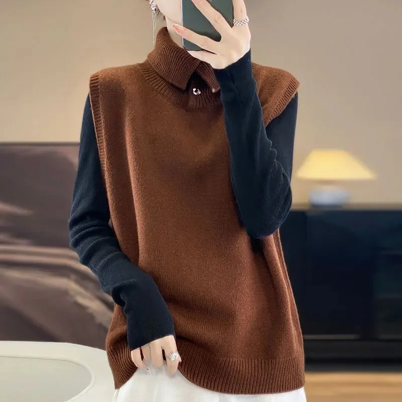 Elegant Loose Women Sweater Vest Top Autumn Winter Pullover Ladykmj Coat 2026new High Collar Leisure Knitting Female Waistcoat