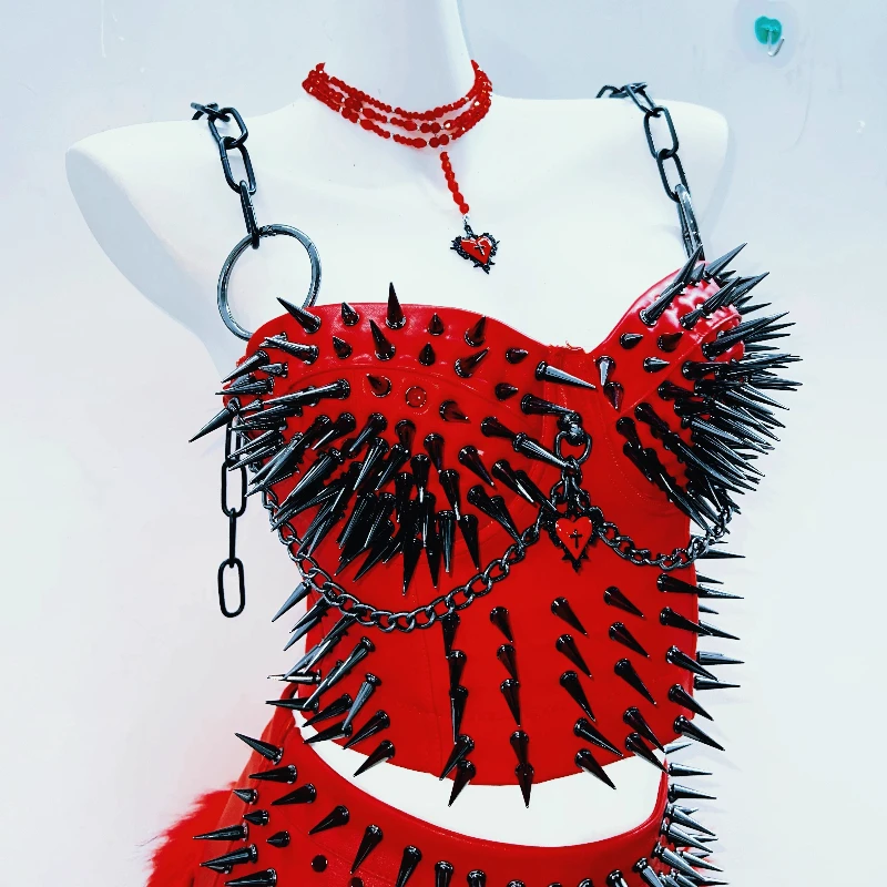 Original Punk Heavy Design Red Rivet Women's Sling 2025 Autumn Winter New Fur Splicing Mini Skirts Sexy Three-Piece Sets Ladies