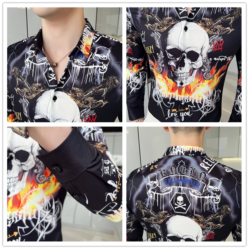 Men Vintage Slim Fit Long Sleeve Shirt Spring New Flame Skeleton Print White Shirts Business Casual Blusas Camisa Masculina 6XL