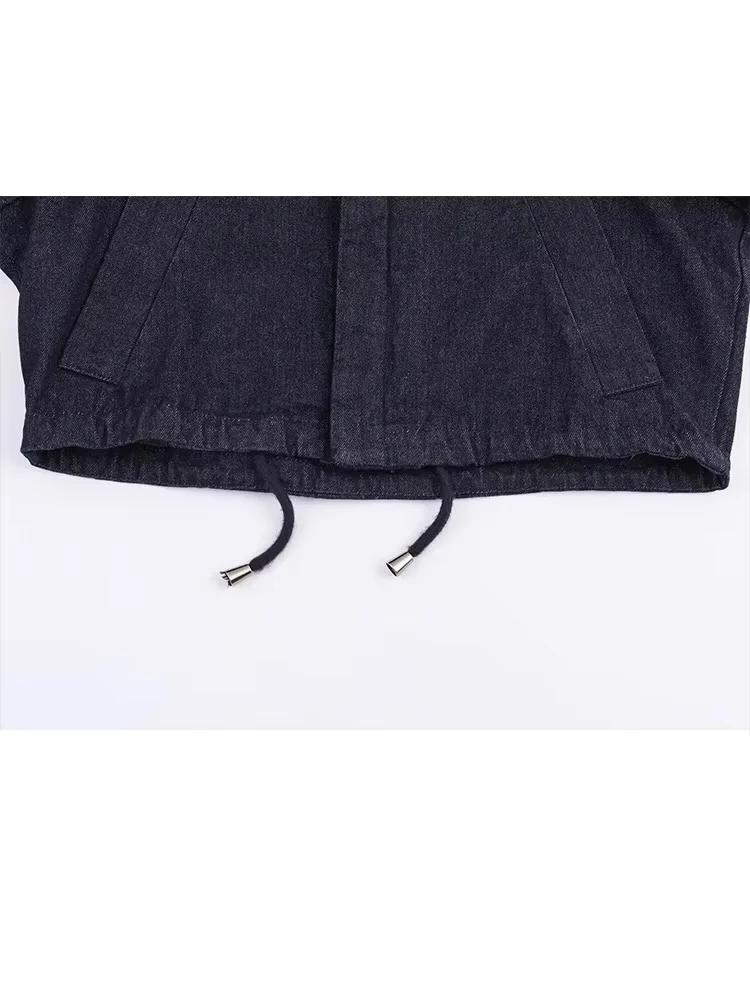 HH Women Fashion O-Neck Single-breasted Long Sleeve Drawstring Bomber Jacket+Summer Pocket Zipper Pleat Denim 2-Piece Set - Image 3