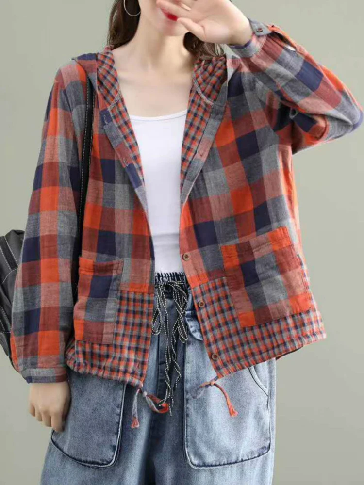 Max LuLu 2024 Fashion Korean Designer Clothes Womens Plaid Hooded Shirts Ladies Linen Loose Blouses Female Casual Oversized Tops