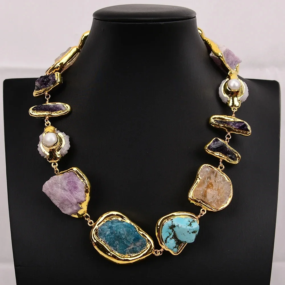 

18'' Natural Big Semi Precious Stone Rough Raw Amethyst Citrine Turquoise Apaite Pearl Chokers Necklace Handmade