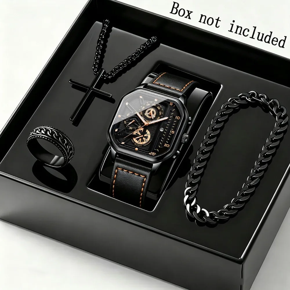 4Pcs Men Watch Set, Square Dial Pu Leather Quartz Watch, Necklace, Bracelet, Vintage Ring, Fashion Casual Business Watch Gift