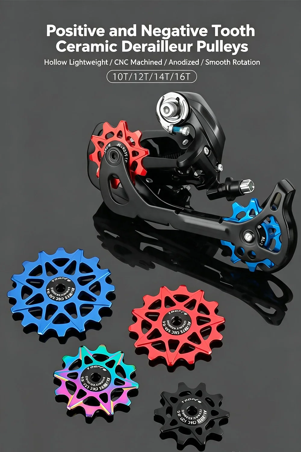10T‑16T Positive Negative Tooth Rear Derailleur Jockey Wheel, Aluminum Alloy Ceramic Bearing Bicycle Guide Pulley for Road MTB