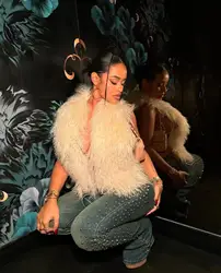 Fluffy Sexy Big Back Hair Collar Halter Top Luxury Real Mongolian Fur Halter Vests Deep V-Neck Backless