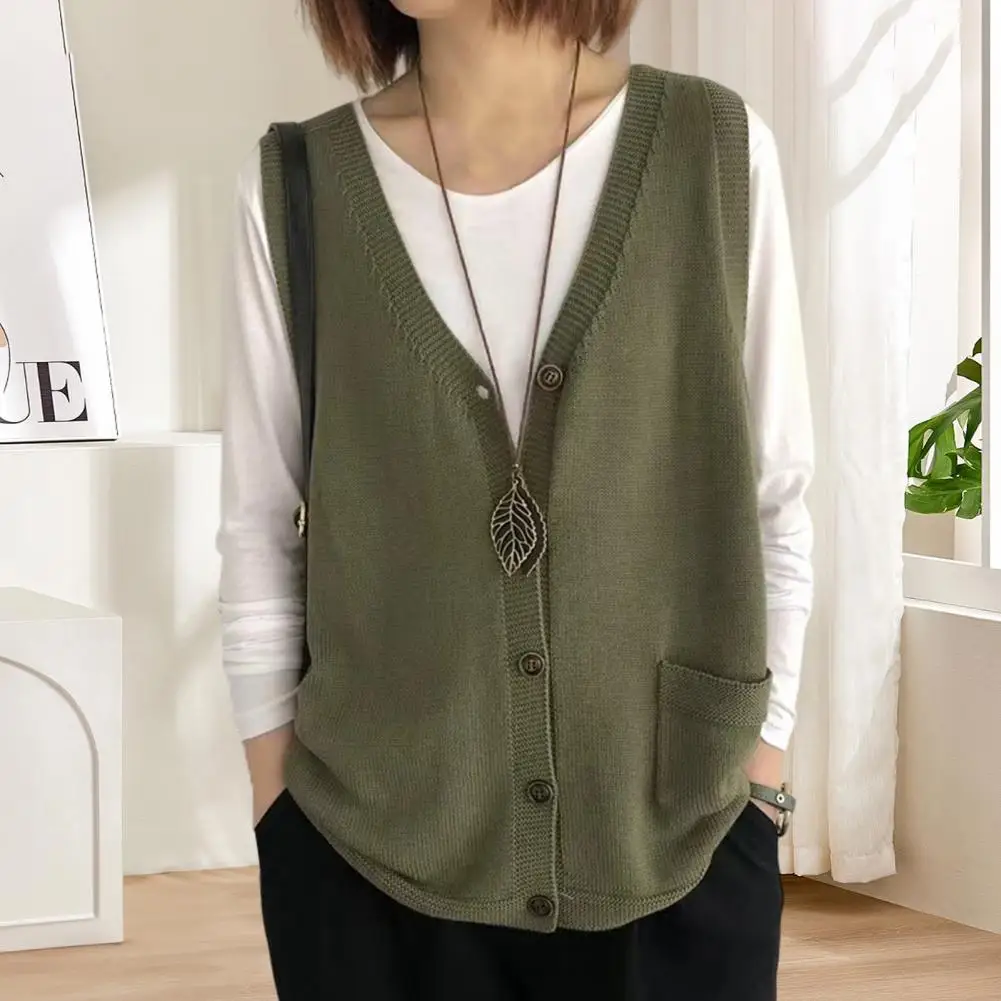 Warm Women Vest Cozy V-neck Knitting Vest for Women Warm Waistcoat with Pockets Solid Color Loose Fit Tank Top Comfortable Women