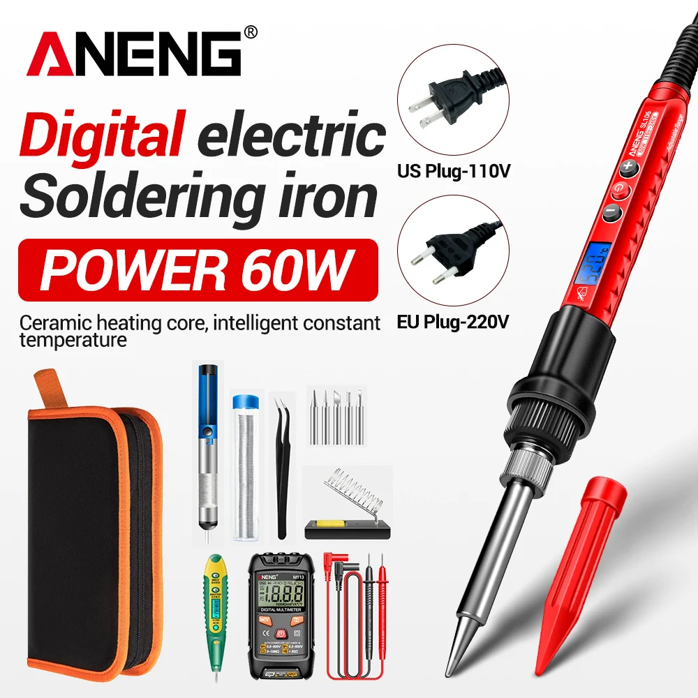 

ANENG 60W Professional Electric Soldering Iron Adjustable Temperature SL106 EU/220V US/110V Welding Repair + M113 Multimeter Too