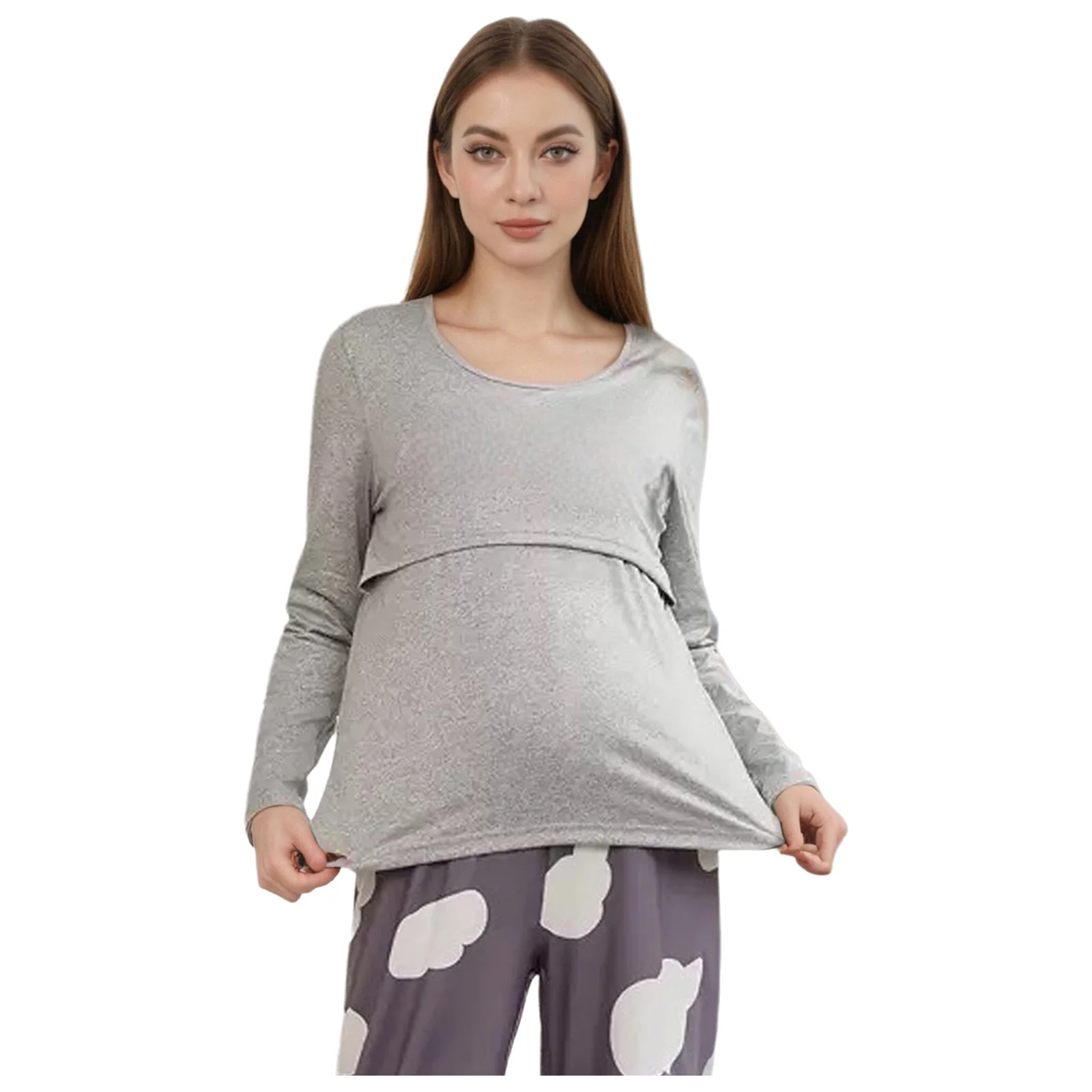Women Nursing Shirts Tops Postpartum Clothes Long Sleeve Round Neck Double Layer Tee Pregnancy Maternity Breastfeeding T-shirt