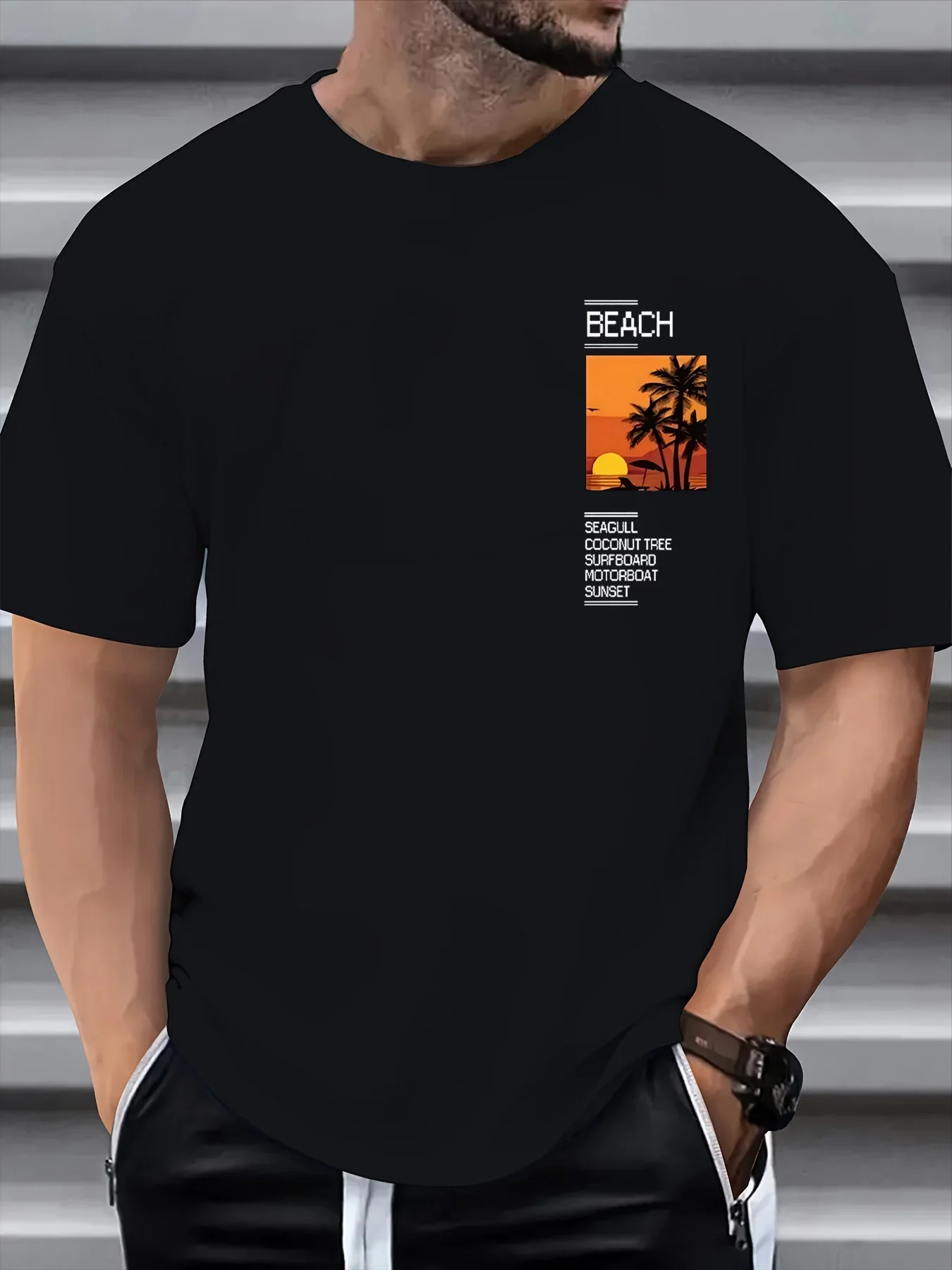 Camiseta de manga corta con cuello redondo para hombre, camiseta informal holgada de algodón puro con estampado de árbol de coco y eslogan, estilo Pop de verano