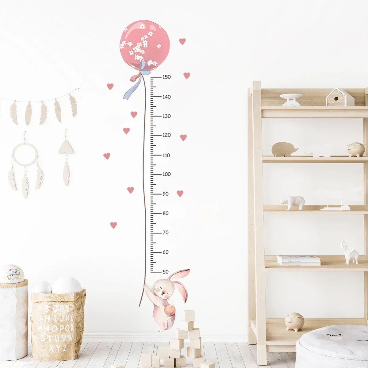 Cartoon Pink Bunny Balloon Height Wall Sticker for Kids Room Ruler Home Decor