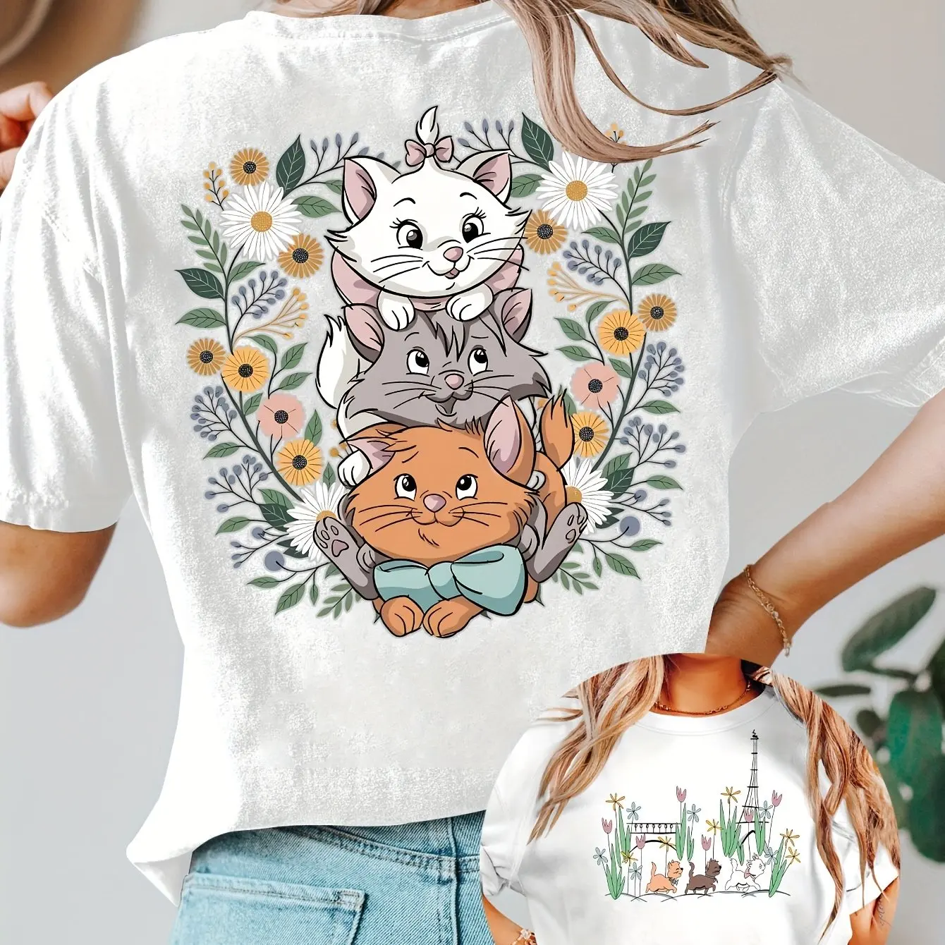 

Disney Marie Cat Girl Kids Summer T-Shirt Family Parent-Child Clothing Cartoon Animation Casual Loose Comfort Short Sleeve Women