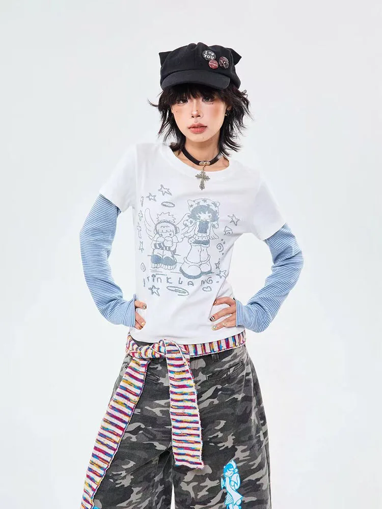 Cartoon Print Patchwork T Shirt for Women Y2K Japanese Subculture Stripe Splicing Tops Autumn Harajuku Preppy Slim Tees Mujer