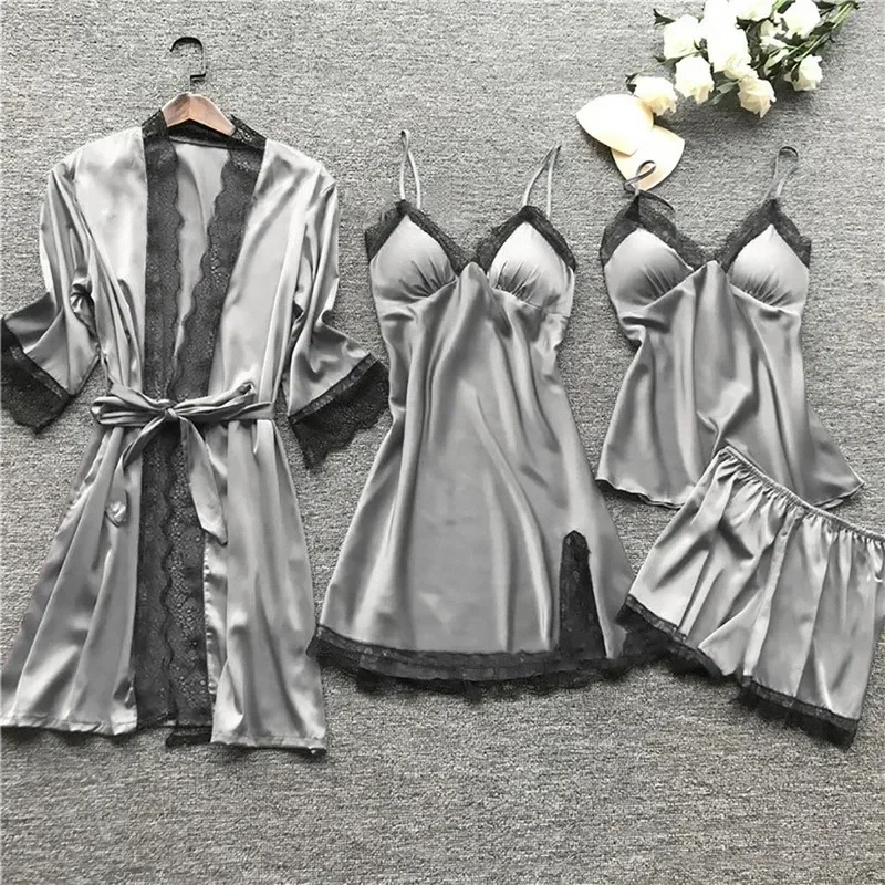 

New Women Pajamas Sets Satin Sleepwear Silk 4 Pieces Nightwear Pyjama Strap Lace Sleep Lounge Pajama with Chest Pads Drop