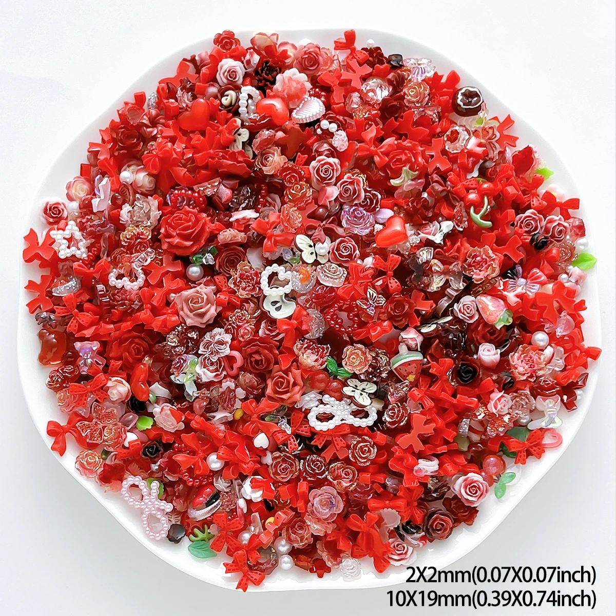 60PCS 3D Random Mixed Red Nail Art Decorations Creative Heart Cherry Bow Flowers Resin Nail Charms for DIY Hairpin Nails Parts