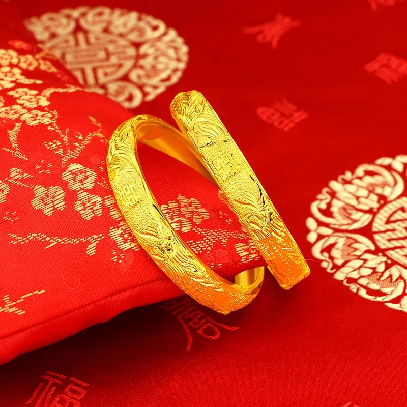 UMQ 24K Yellow Gold Bracelet for Women Dragon Phoenix Dark Simple Gold Bracelets Bangles Fine Jewelry Mother Girlfriend Gifts