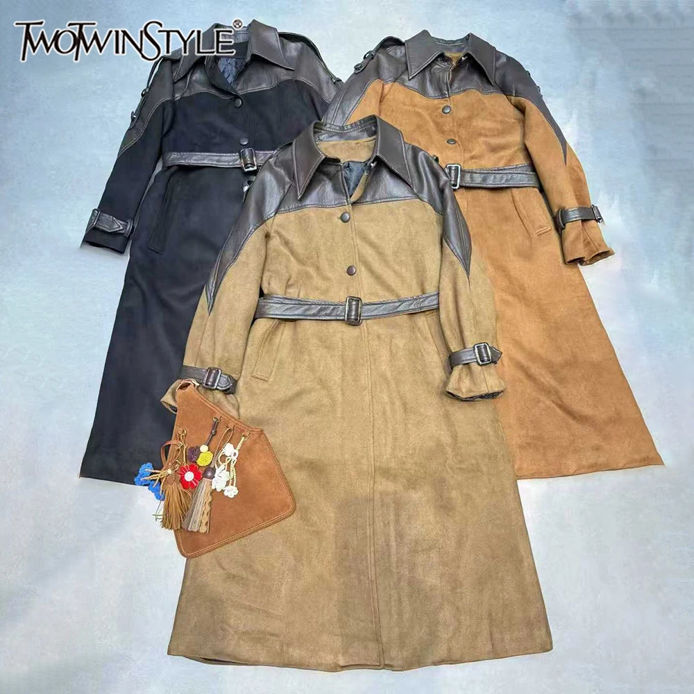 

TWOTWINSTYLE Temperament Spliced Belt Hit Color Jackets For Women Lapel Long Sleeve Autumn Casual Coat Female Fashion KJA551363