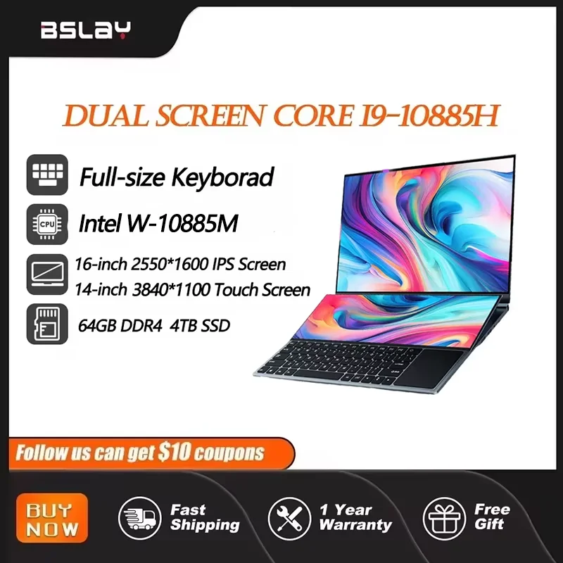 Notebook Dual Screen 16,1 + 14,1 Zoll Intel W-10885H 4K 32 GB RAM 2 TB SSD DDR4 Window11HDMI Hintergrundbeleuchteter Kaypad Tragbarer Büro-Laptop