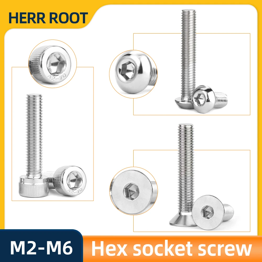 

304 Stainless Steel Hex Socket Screw M2 M2.5 M3 M4 M5 M6 DIN912 DIN7991 ISO7380 Hexagonal Allen Bolts Button Cup Flat Head Screw