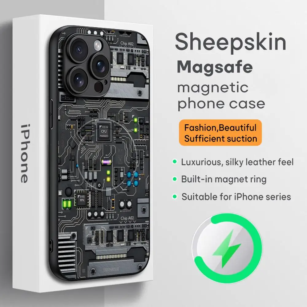 

Cool Circuit Board Popular Phone Case For iPhone 16 15 14 13 12 11 Plus Pro Max High-end Luxury Magsafe Sheepskin