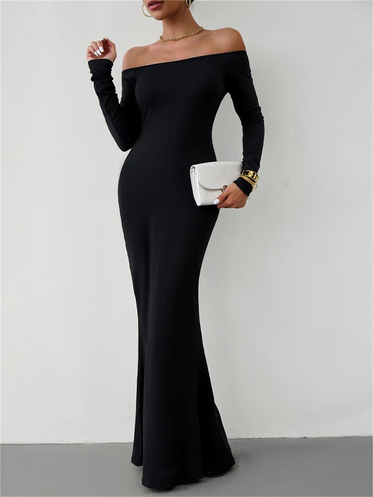 Fantoye Solid Slash Neck Long Sleeve Pullover Women Dress Sexy High Waist Long Female Dress Casual Bodycon New 2023