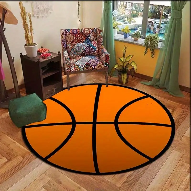 VIKAMA Simulation Basketball Shaped Circular Carpet, French Bedroom Light Luxury Floor Mat, Sporty Living Room Rug