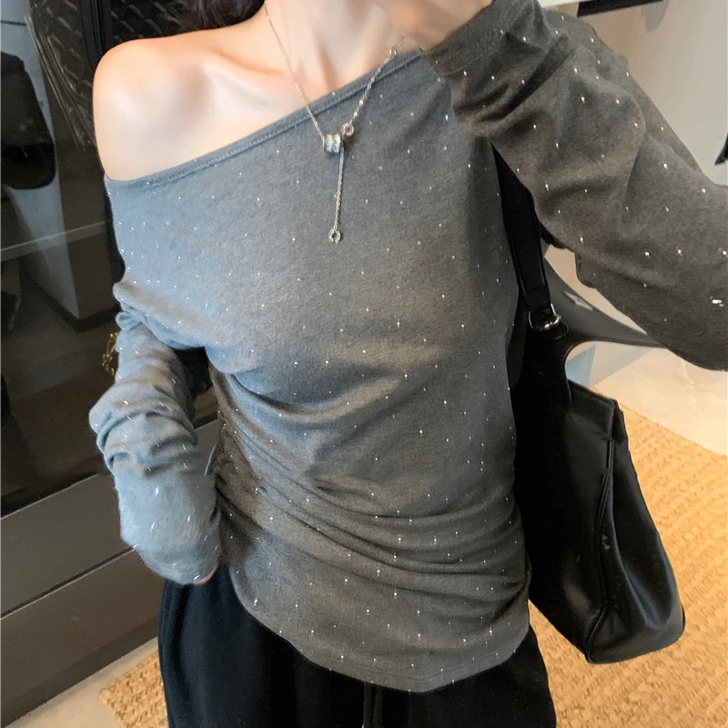 Autumn Y2k High Street One Shoulder T-Shirts For Women Fashion Shining Hot Girl Sexy Casual Solid Color Long Sleeve Female Tops