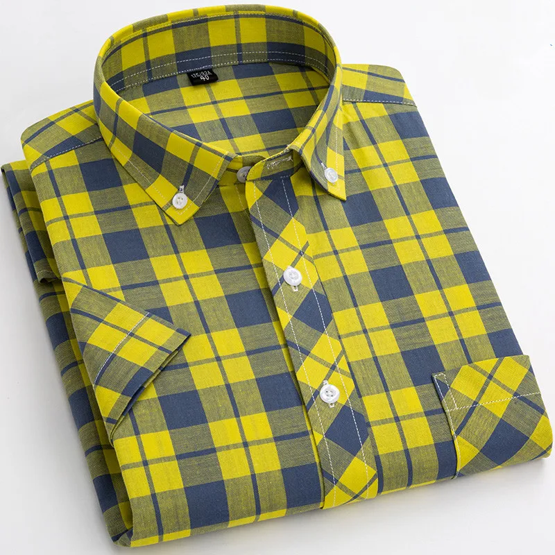 Summer Man\'s Plaid Shirt Short Sleeve 100% Pure Cotton Cool Checkered Business Regular Fit Comfort Thin Home Blouse Big Size 5XL