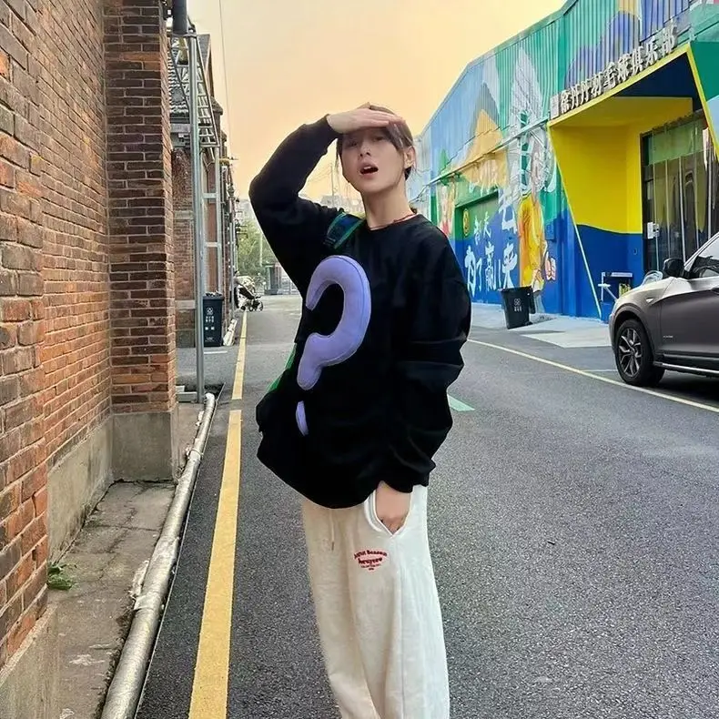 American casual trendy pattern loose and versatile round neck long-sleeved sweatshirt for women autumn and winter casual tops