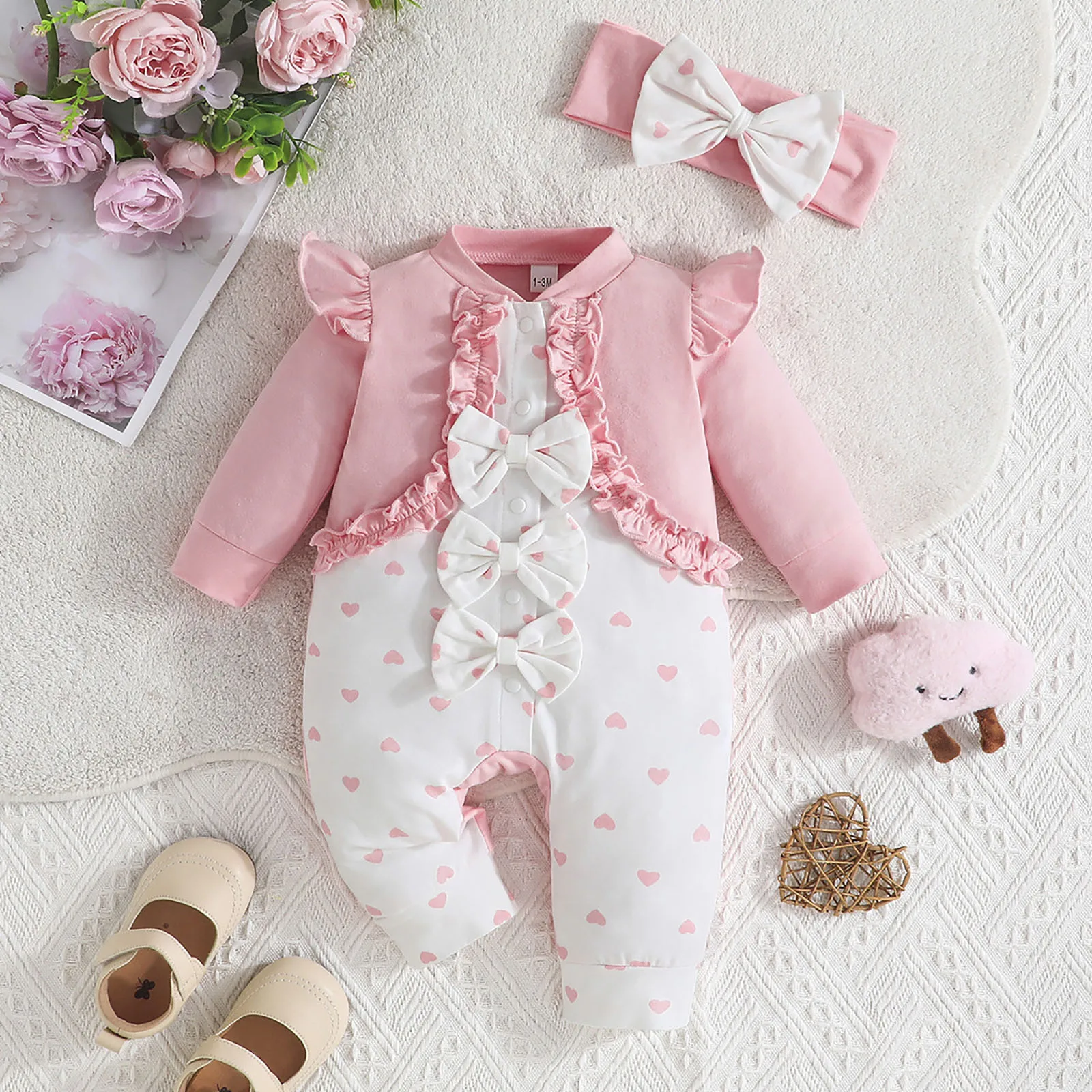 Newborn Baby Girl Romper Long Sleeved Ruffle Bodysuit with Headband Autumn & Winter Onesie Outfit Clothing For Baby 0-18 Months