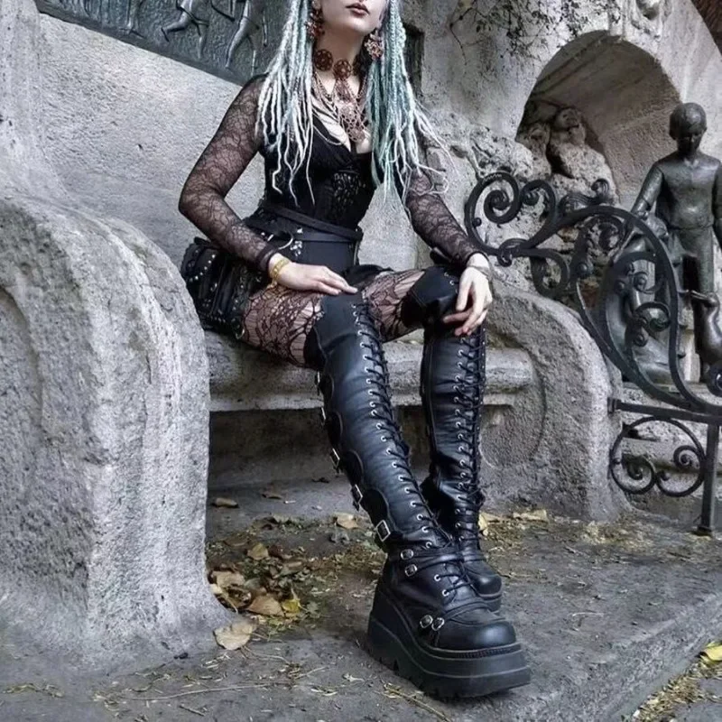 Gothic Punk Women Thigh Boots Platform Chunky High Heels Cosplay Black Street Shoes For Woman Y2K Motorcycle Over The Knee Boots