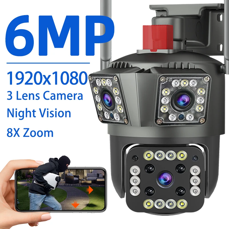 

6MP secure camera HD WiFi camera security Three Lens 8X Zoom PTZ video camera outdoor wifi Motion Tracking 6MP For Home Protect