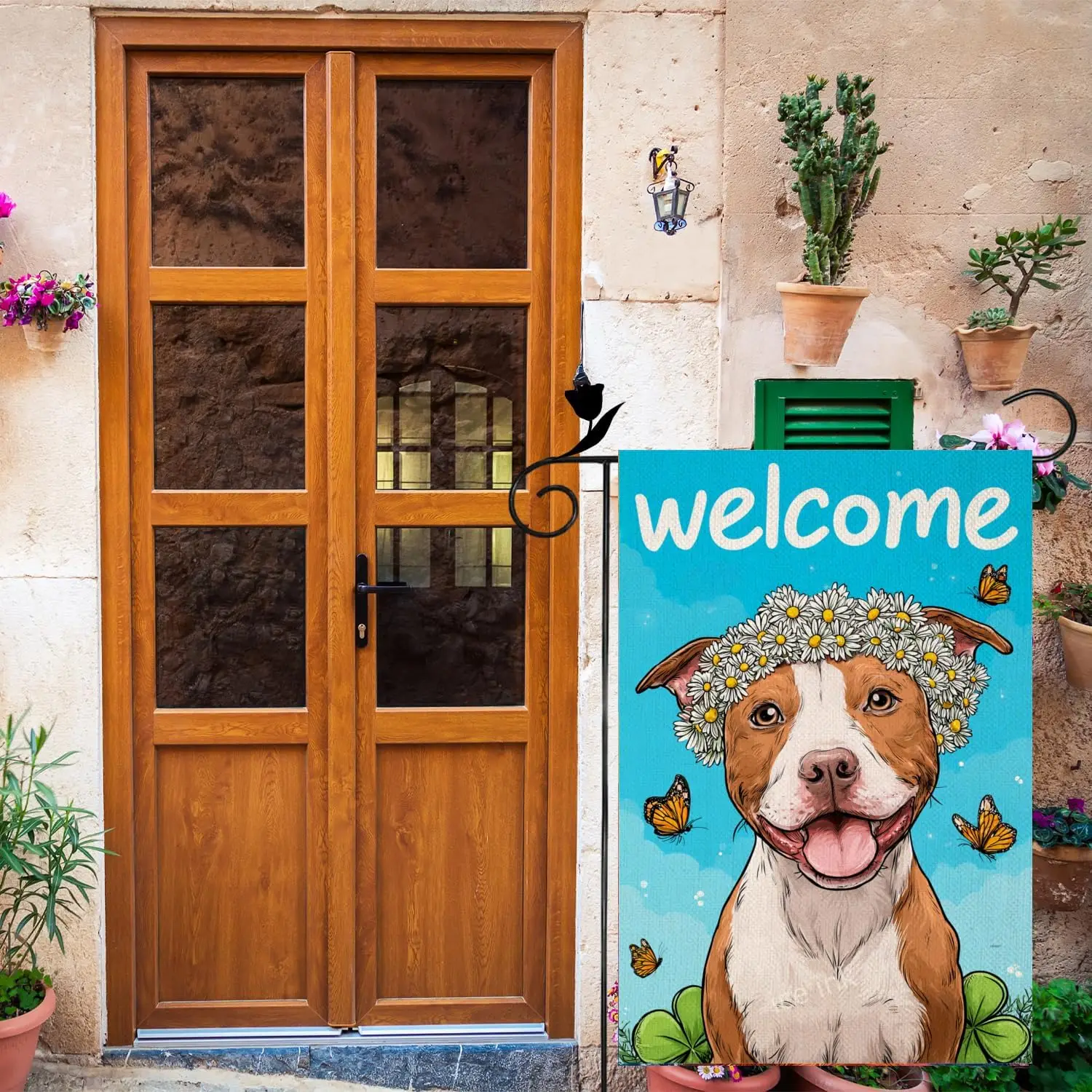 Ice ink Spring Pitbull Dog with Flower Crown Garden Flag Daisy Butterfly Welcome 12x18 Inch Double Sided Colorful Yard House ZZM
