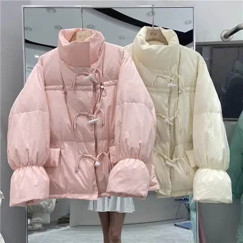 핑크 여성용 다운 코튼 재킷 학원 스타일 루즈핏 단추 짧은 여성용 핑크 노르웨이 스타일 다운 코튼 재킷 패딩 코트 다운 코튼 재킷