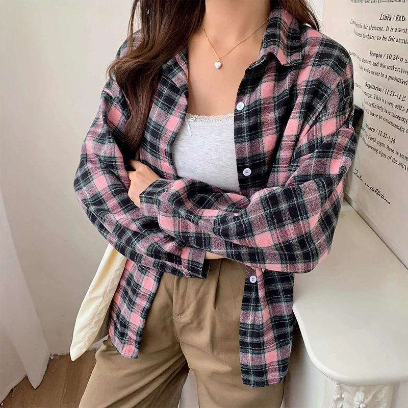 

Plaid Shirt Women Autumn Winter Female Long Sleeve Single Breasted Blouse Ladies Loose Pink Check Shirts Preppy Style Outfit