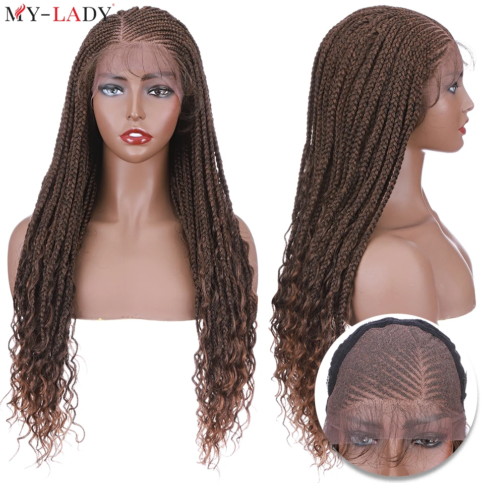 My-Lady Synthetic Box Braids 28Inch Cornrow Braided Lace Wigs Curly Ends Lace Front Wig With Baby Hair 339g Dreadlocks Afro Wigs