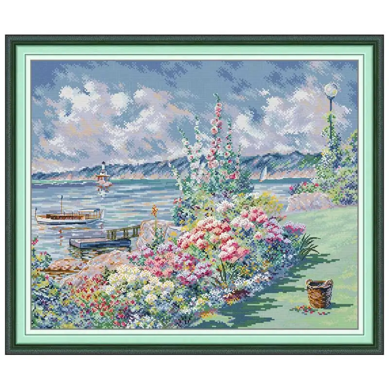 Flower Coast Patterns Counted Cross Stitch Set DIY 11CT 14CT 16CT Stamped DMC Cross-stitch Kit Embroidery Needlework Home Decor