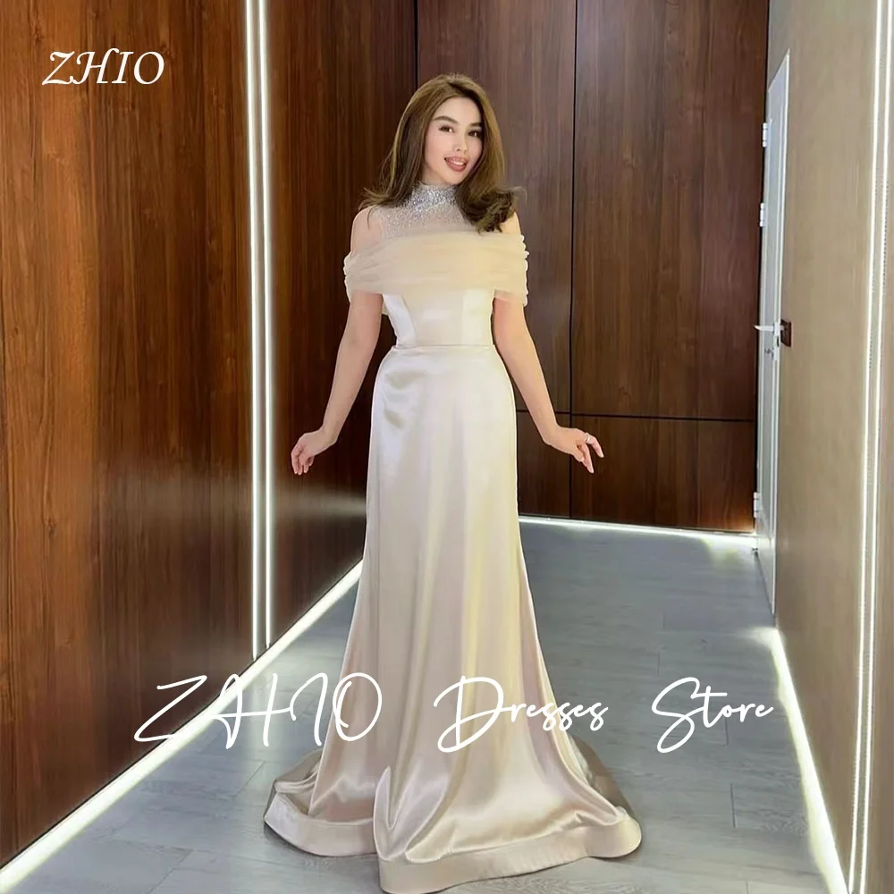 

ZHIO Elegant Champagne Beads Evening Dresses High Neck Off Shoulder Satin Formal Occasion Gown Party Birthday Dress Customized