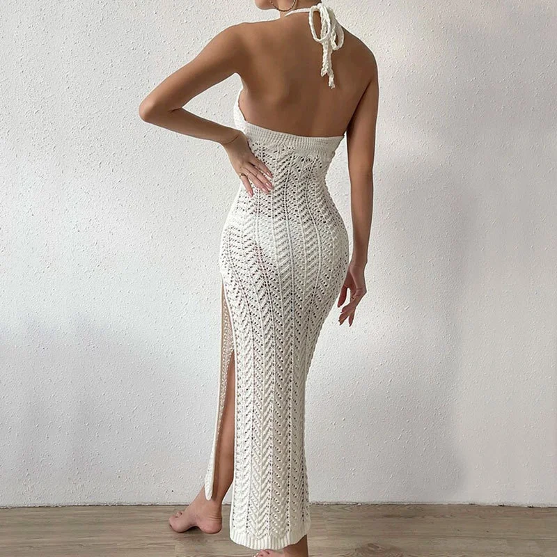 Sexy Halter Lace Up Backless Side Slit Long Knit Dress, Hollow Out Crochet Beach Bikini Cover up Sarong, Swimwear Women Swimsuit