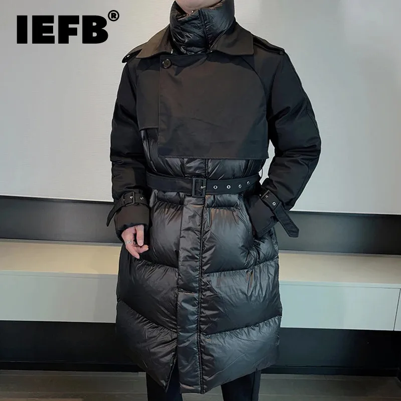 IEFB Patchwork Men's Down Jackets Stand Collar Overknee Buckle Design Male Cotton Coats Thickened Outerwear Winter New 9C4100