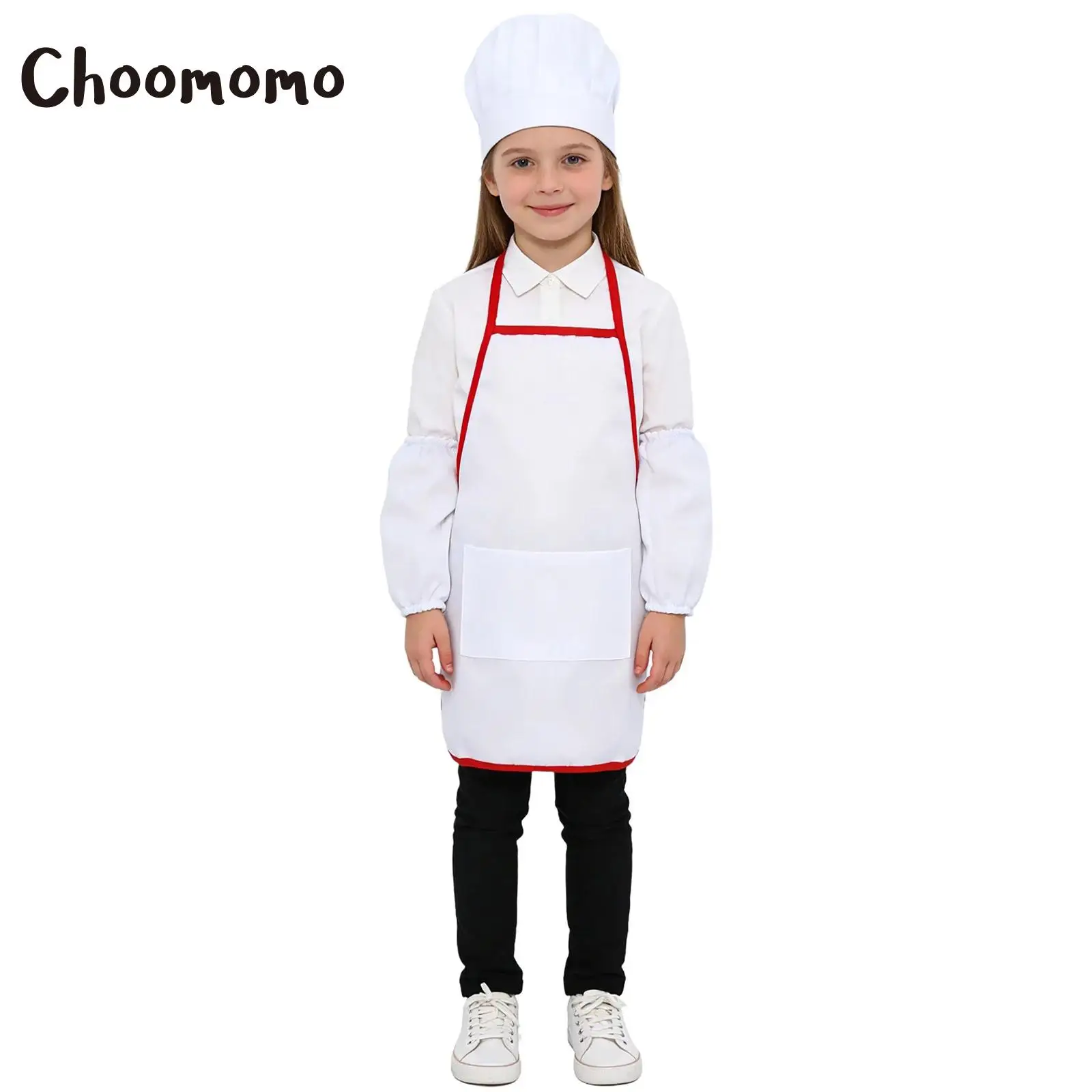 Boys Girls Chef Apron Oversleeves And Hat Set Pocket Kitchen Cooking Bib Apron Chef Hat Overseeleves for Xmas Halloween Dress Up