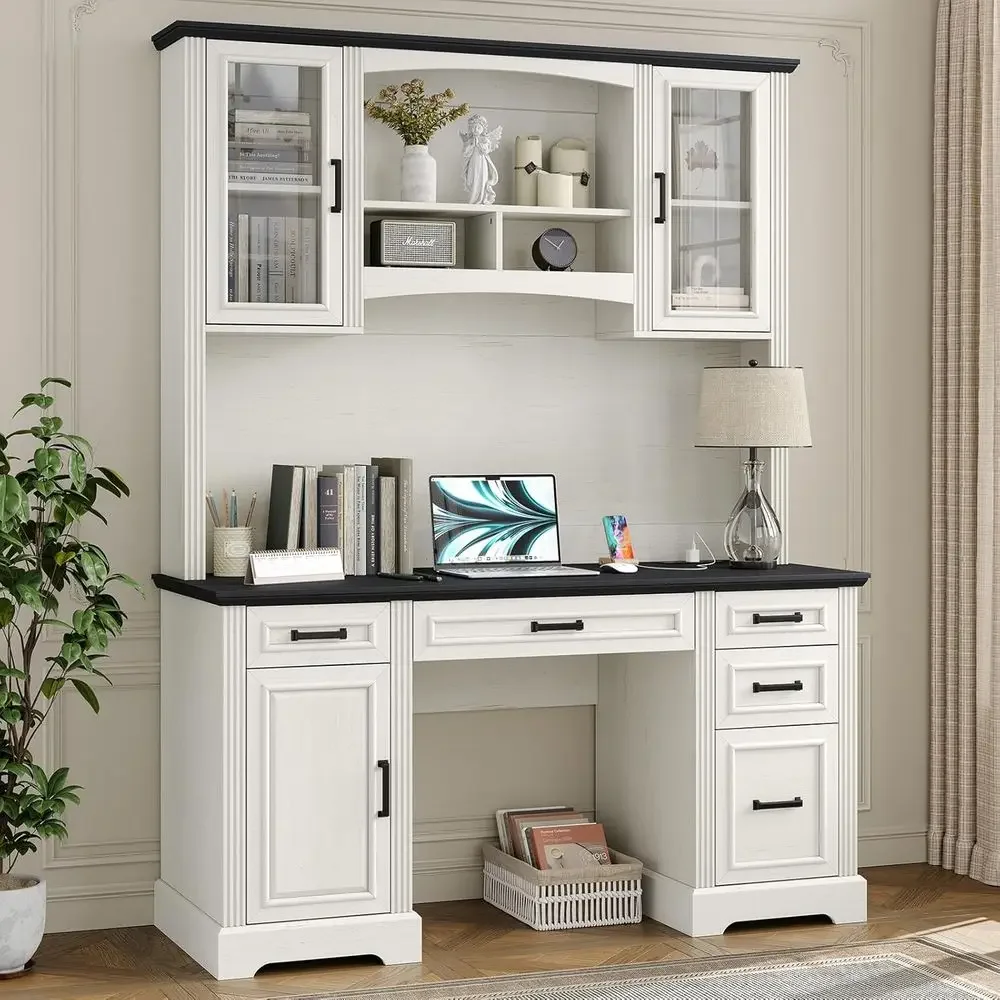 

76 Tall Executive Desk with Hutch, Charging Station, Drawers, Storage Cabinet, Ideal for Home Office, Black Desk Surface, White