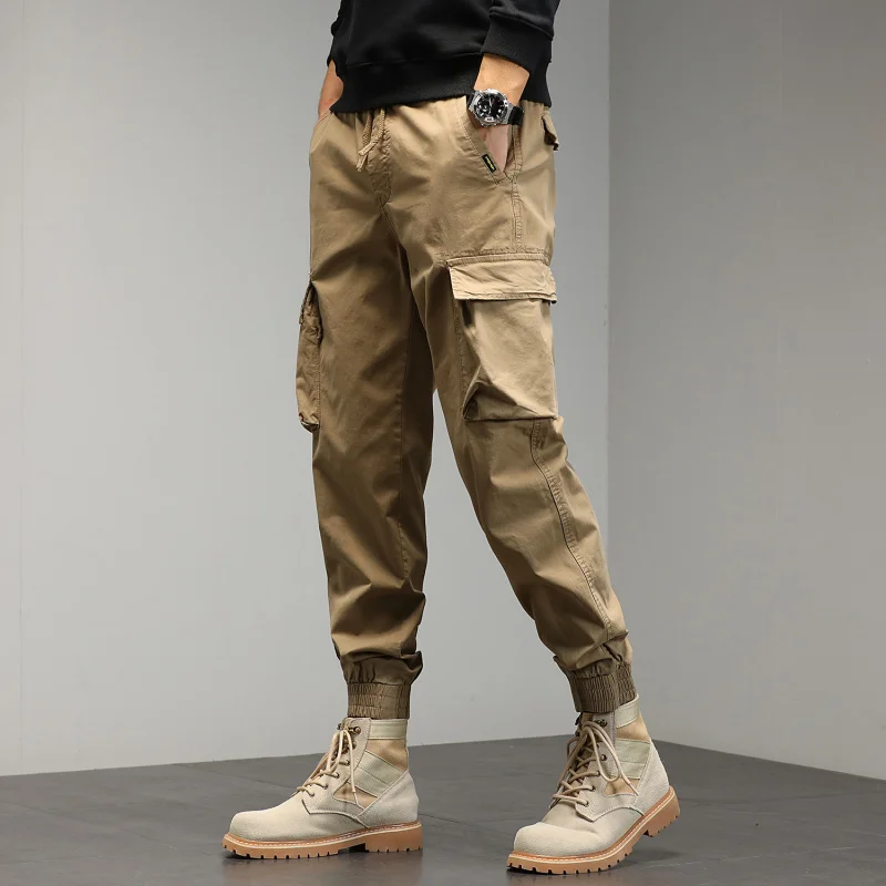 Men's Retro American Style Summer Work Pants Heavyweight Casual Trousers Outdoor Leg Tied Trendy Clothing