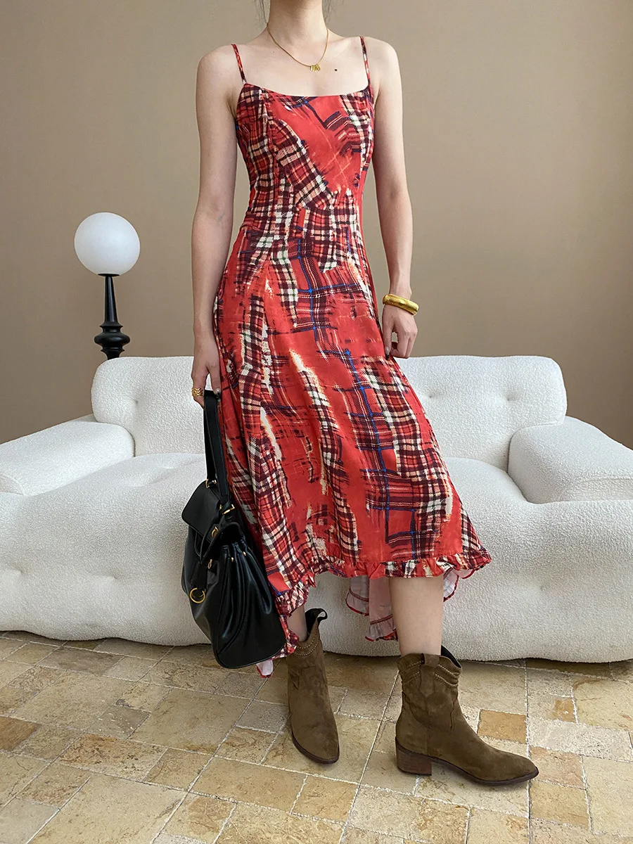 

Midsummer Evening Style Design Niche Irregular Hem Waist Cinching Slimming Camisole Dress