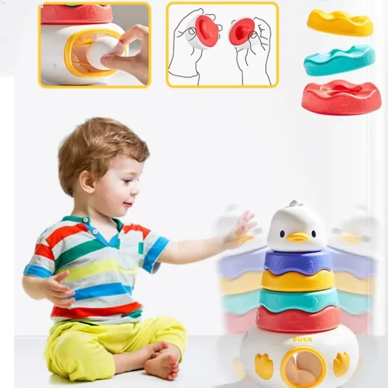 Zabawki Montessori dla niemowląt - kaczuszki do układania i obrotu, edukacyjne gry rozwijające mózg, gładka wieża obrotowa, klocki konstrukcyjne, prezenty.