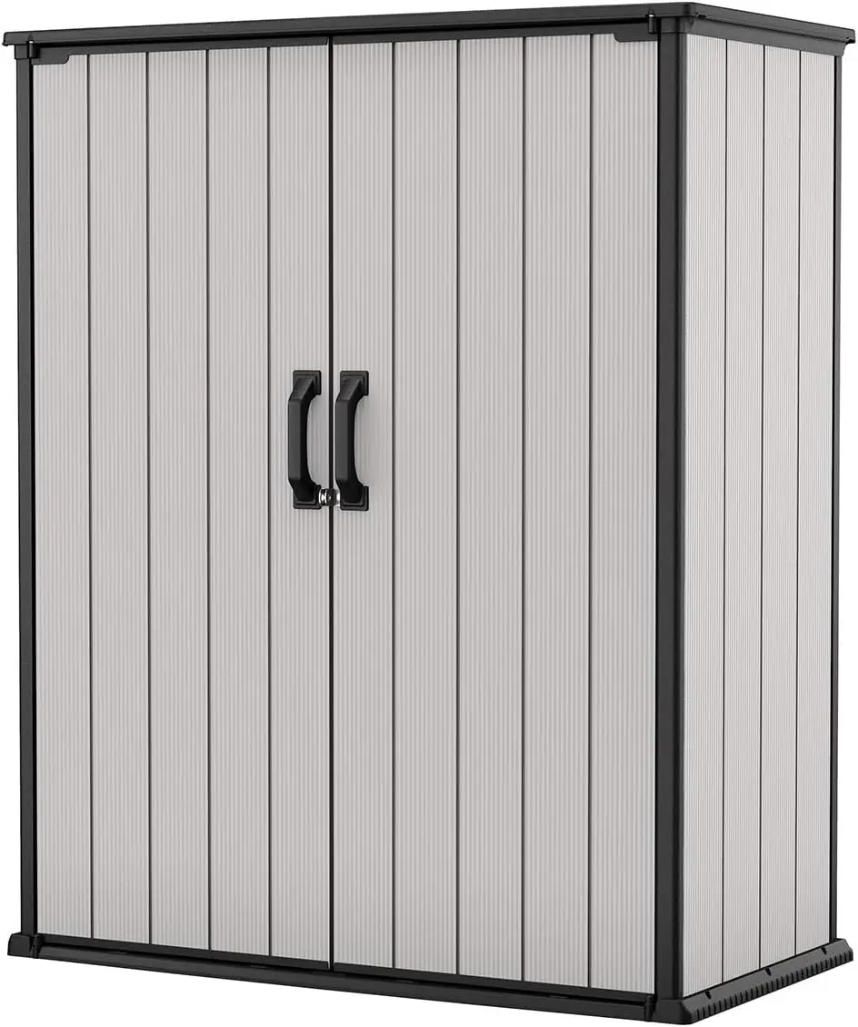 Premier Tall 4.6 x 5.6 ft. Resin Outdoor Storage Shed with Shelving Brackets for Patio Furniture Pool Accessories Grey & Black