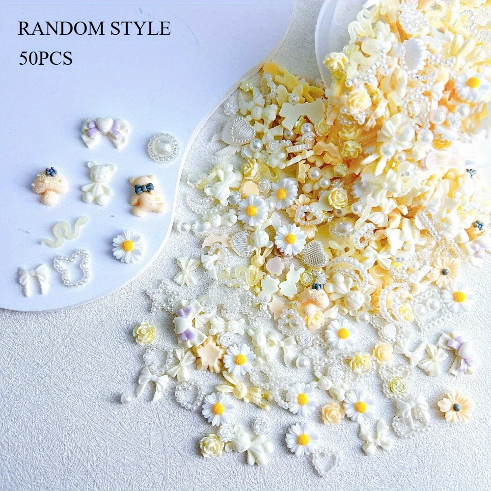 50 pièces/paquet résine mixte jaune et blanc perle mixte Nail Art coque de téléphone épingle à cheveux bricolage décoration accessoires matériel paquet